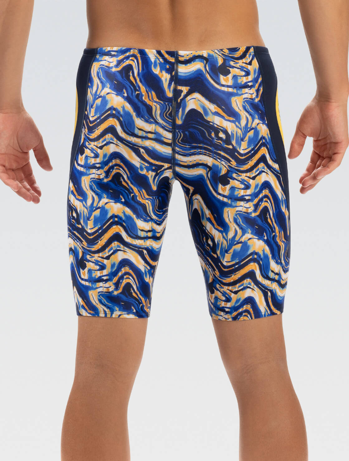 Men's Navy and Gold Blaze Print Jammer Swimsuit | Color Block