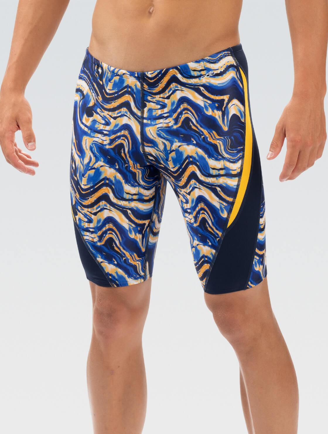 AND SUNS★B.A.Dﾌﾞﾙｯｸﾘﾝｵｰﾙﾃﾞｨ★メッシュトップス Men's Navy and Gold Blaze Print Jammer Swimsuit | Color Block