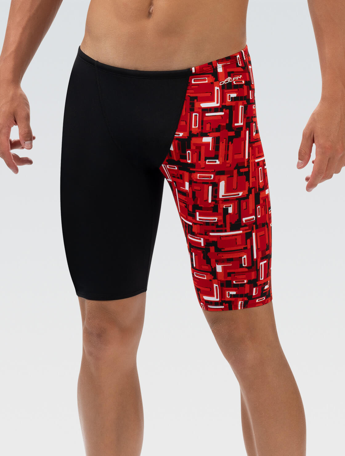 BLK RED DOLPHINS ラグビーウェア 4XL Men's Red Bionic Printed Jammer Swimsuit | Asymmetrical Color